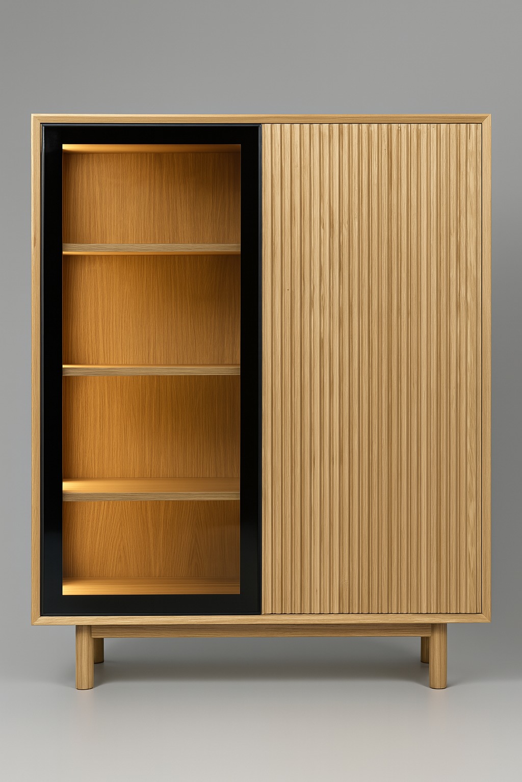 Stylowa szafka z jasnego drewna z przesuwnymi drzwiami: jedna część przeszklona z czarną ramą, druga z pionowymi żłobieniami. Ustawiona na niskich nóżkach.