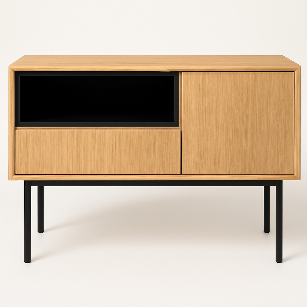 Nowoczesna komoda z jasnego drewna na czarnych, metalowych nóżkach. Po lewej otwarta półka i szuflada, po prawej zamknięta szafka. Minimalistyczny design.
