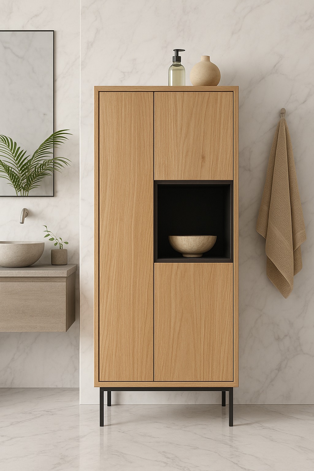 Nowoczesna szafka łazienkowa z jasnego drewna na czarnych nóżkach, z otwartą półką i misą w środku. Obok umywalka i ręcznik na marmurowej ścianie.