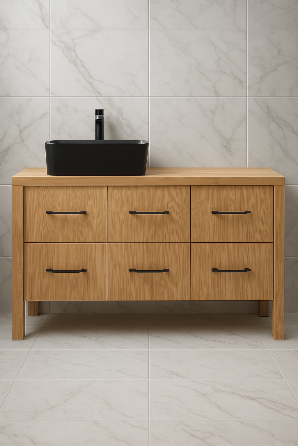 Jasna szafka łazienkowa z sześcioma szufladami i czarną umywalką nablatową, minimalistyczne uchwyty, marmurowe płytki na ścianie i podłodze.