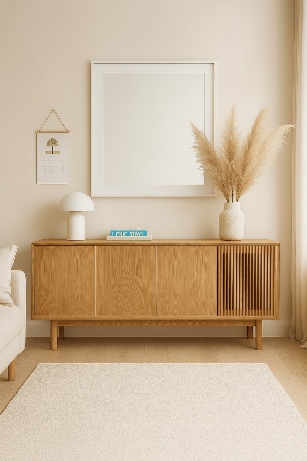 Drewniana komoda z trzema frontami, w tym jeden z pionowymi listwami. Na blacie lampka, książki i wazon z trawą pampasową. Nad komodą kalendarz i obraz w białej ramie.