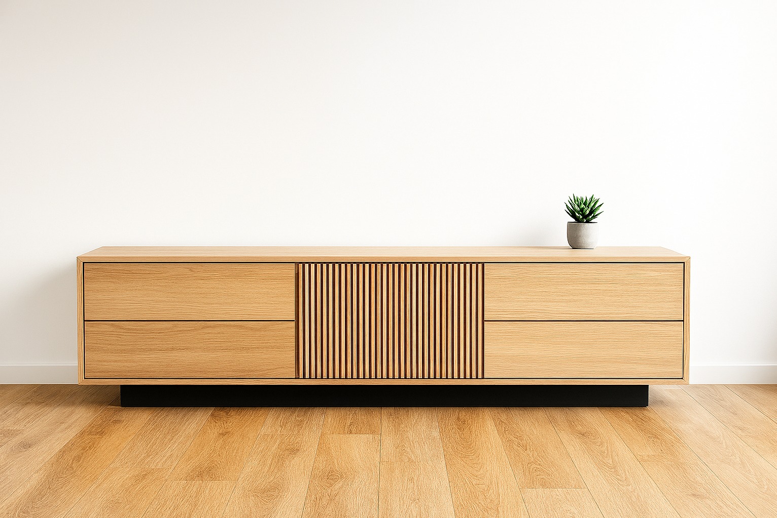Nowoczesna szafka RTV z jasnego drewna z lamelami pośrodku, umieszczona na czarnej podstawie. Na szafce stoi mała roślina doniczkowa. Minimalistyczne wnętrze.