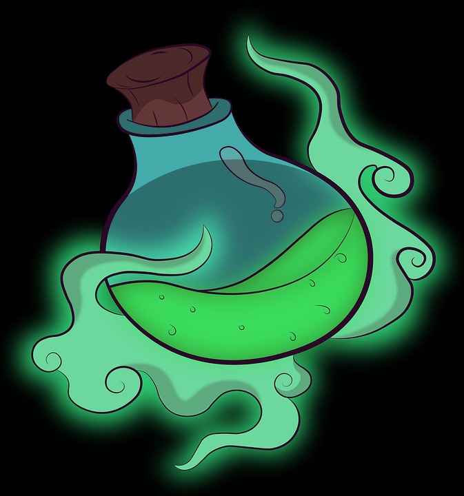 Ilustracja: Butelka z zielonym płynem, zamknięta korkiem, otoczona zielonkawym dymem. Na butelce widoczny znak zapytania. Czarny, kontrastowy background.