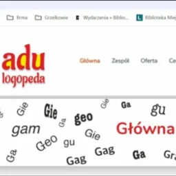 Strona internetowa logopedy z logo i hasłem 'Główna' otoczonym sylabami. Dominuje biel, czerwień i czerń. Widoczne menu strony z zakładkami.