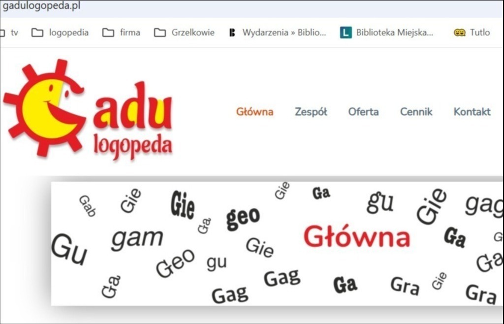 Strona internetowa logopedy z logo i hasłem 'Główna' otoczonym sylabami. Dominuje biel, czerwień i czerń. Widoczne menu strony z zakładkami.