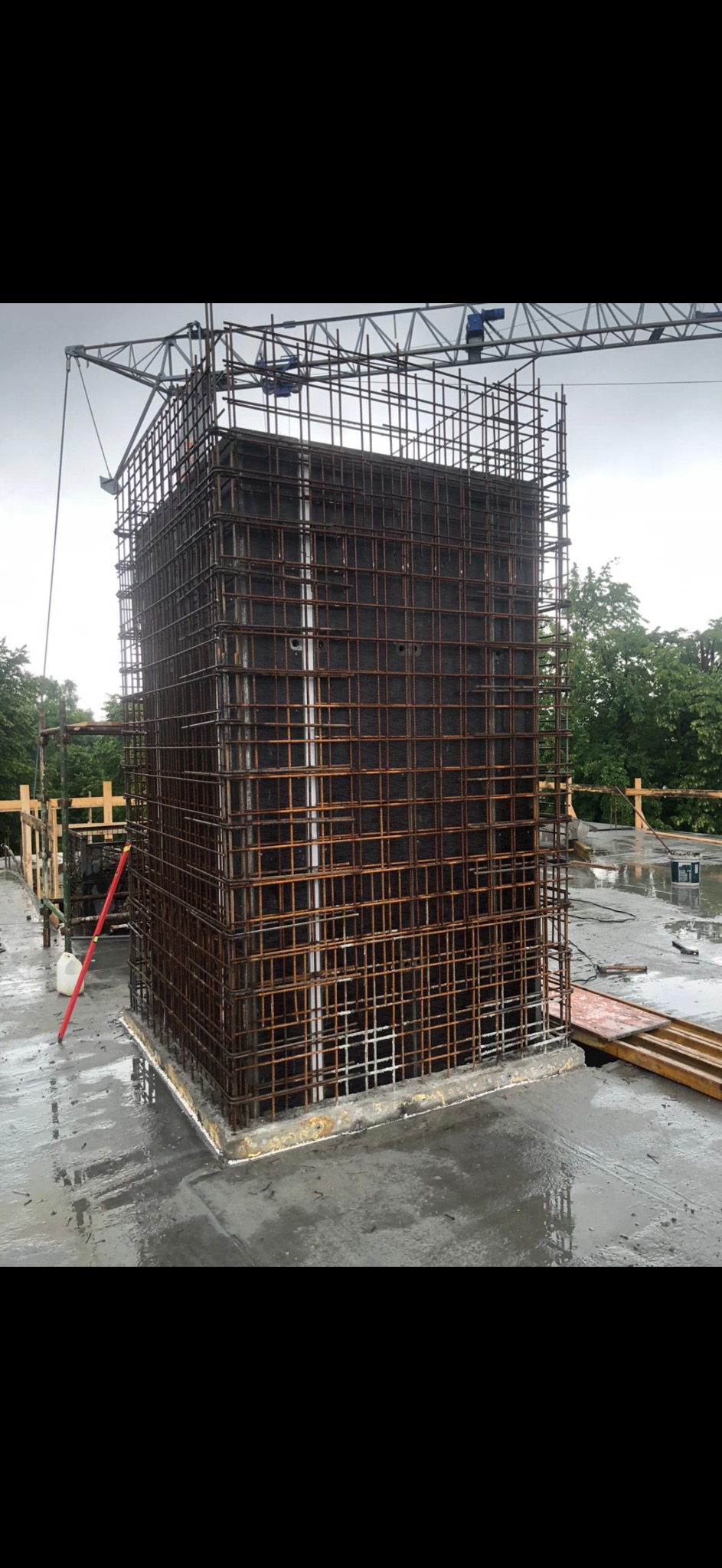 Zbrojenie kolumny w szalunku, widoczne pręty zbrojeniowe tworzące klatkę. Na mokrym betonie poziomica i inne narzędzia. W tle drzewa i żuraw budowlany.