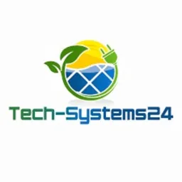 Logo firmy Tech-Systems24: zielony liść, słońce, niebieskie panele solarne i wtyczka elektryczna, symbolizujące ekologiczne instalacje.