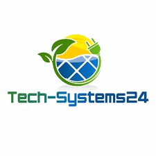 Logo firmy Tech-Systems24: zielony liść, słońce, niebieskie panele solarne i wtyczka elektryczna, symbolizujące ekologiczne instalacje.