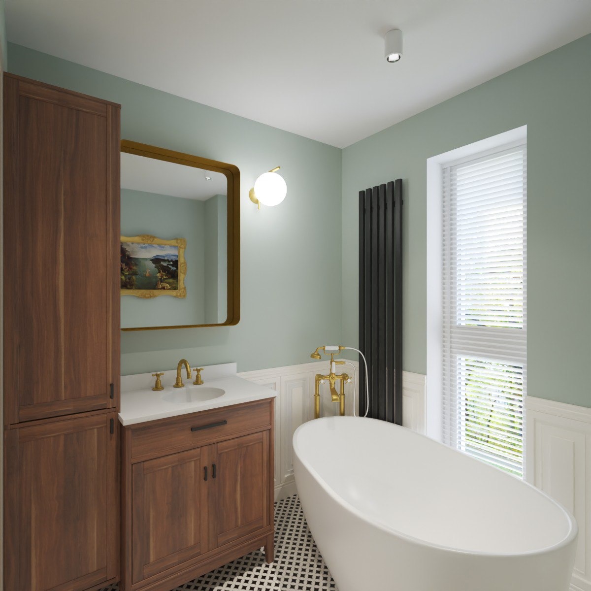 Elegancka łazienka w odcieniach zieleni z drewnianą szafką pod umywalką, wolnostojącą wanną i czarno-białą podłogą. W lustrze odbija się obraz.