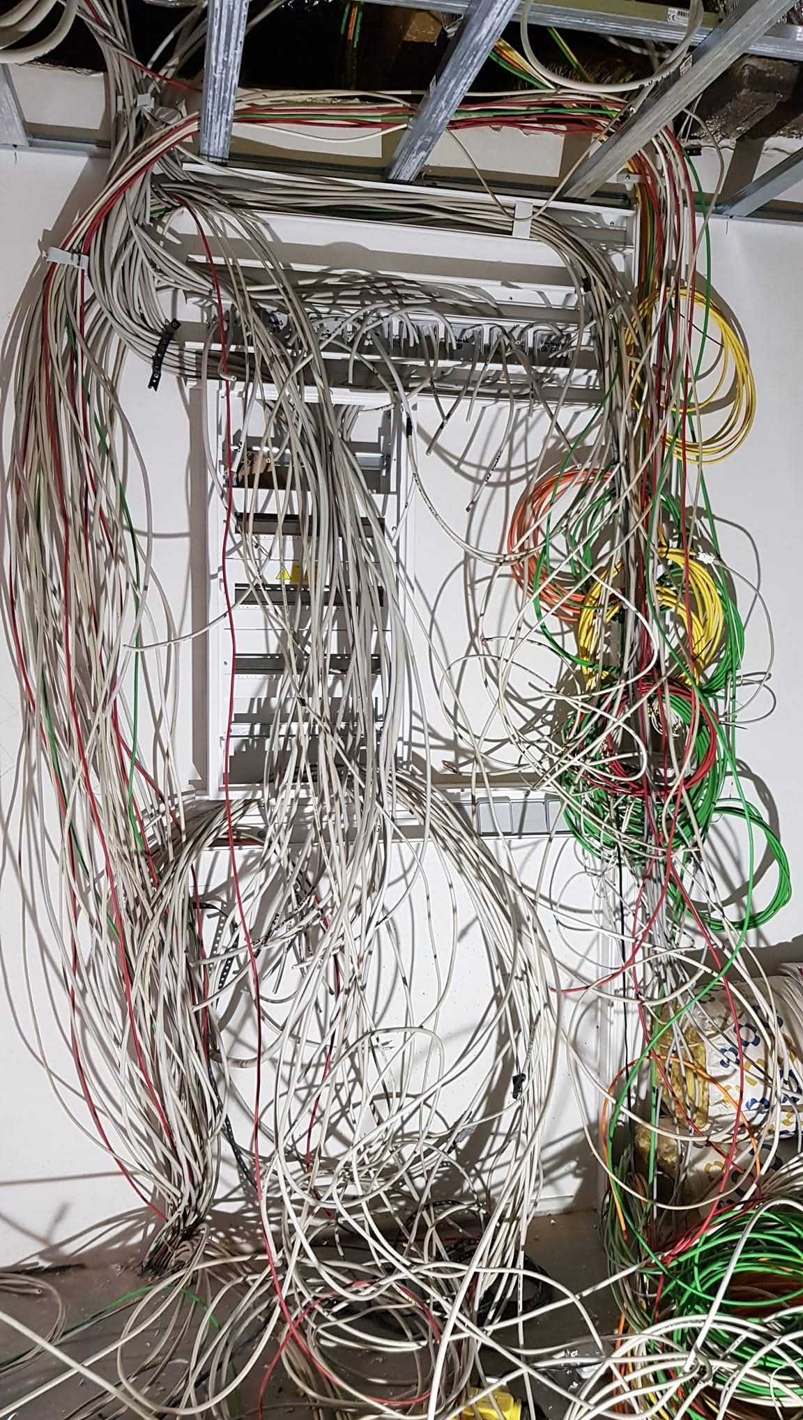 Rozplątane kable elektryczne w kolorach: białym, czerwonym, zielonym i żółtym, zwisające ze ściany w trakcie instalacji. Widoczna skrzynka rozdzielcza.