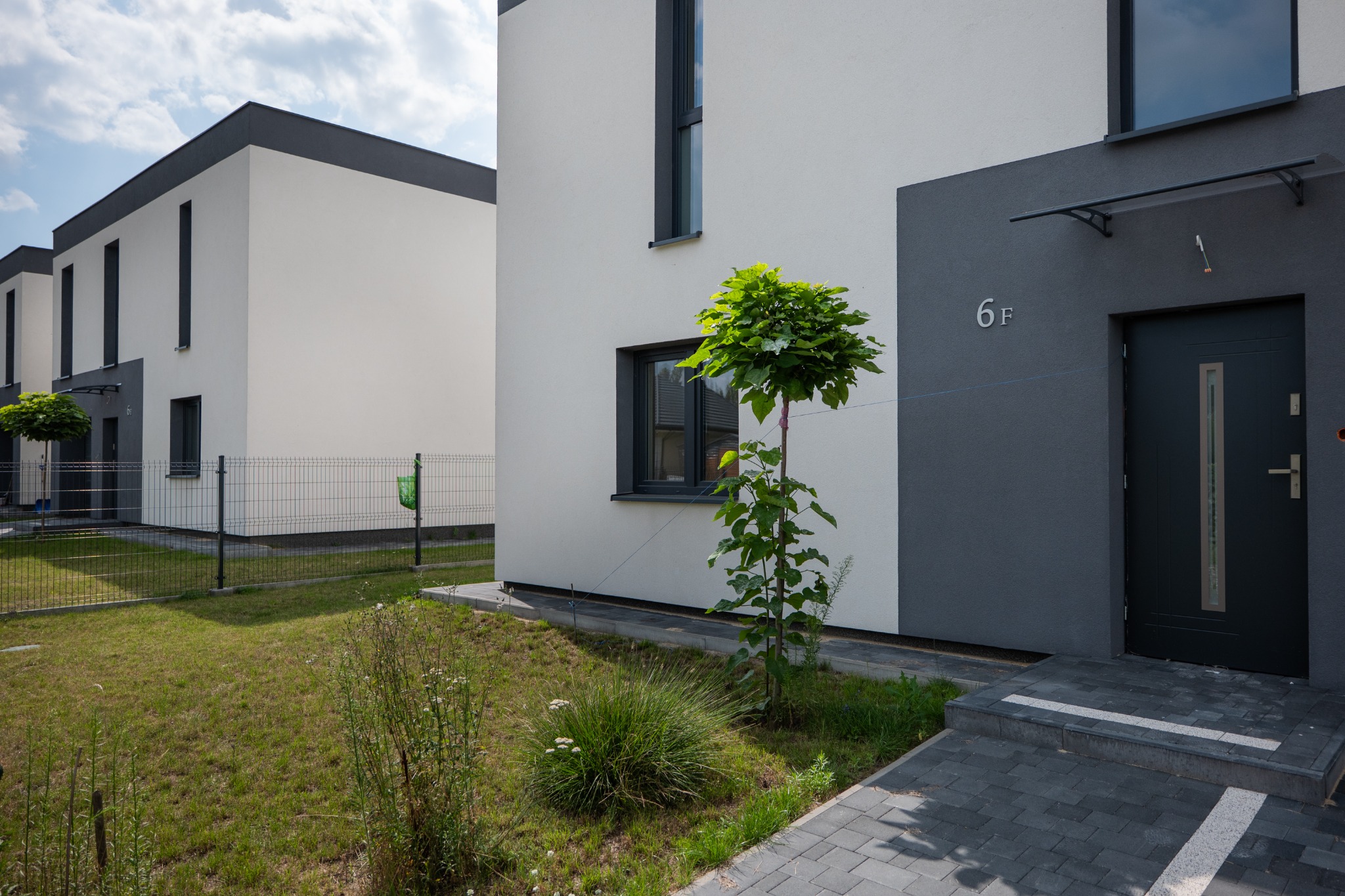 Nowoczesny szeregowiec z szarą elewacją, numerem domu '6F' i młodym drzewem przed wejściem. Minimalistyczna architektura z ciemnymi oknami i ogrodzeniem.