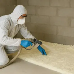 Pracownik w kombinezonie nanosi piankę PUR na ścianę z betonu komórkowego w Środzie Wielkopolskiej. Izolacja natryskowa, widoczny pistolet i węże.