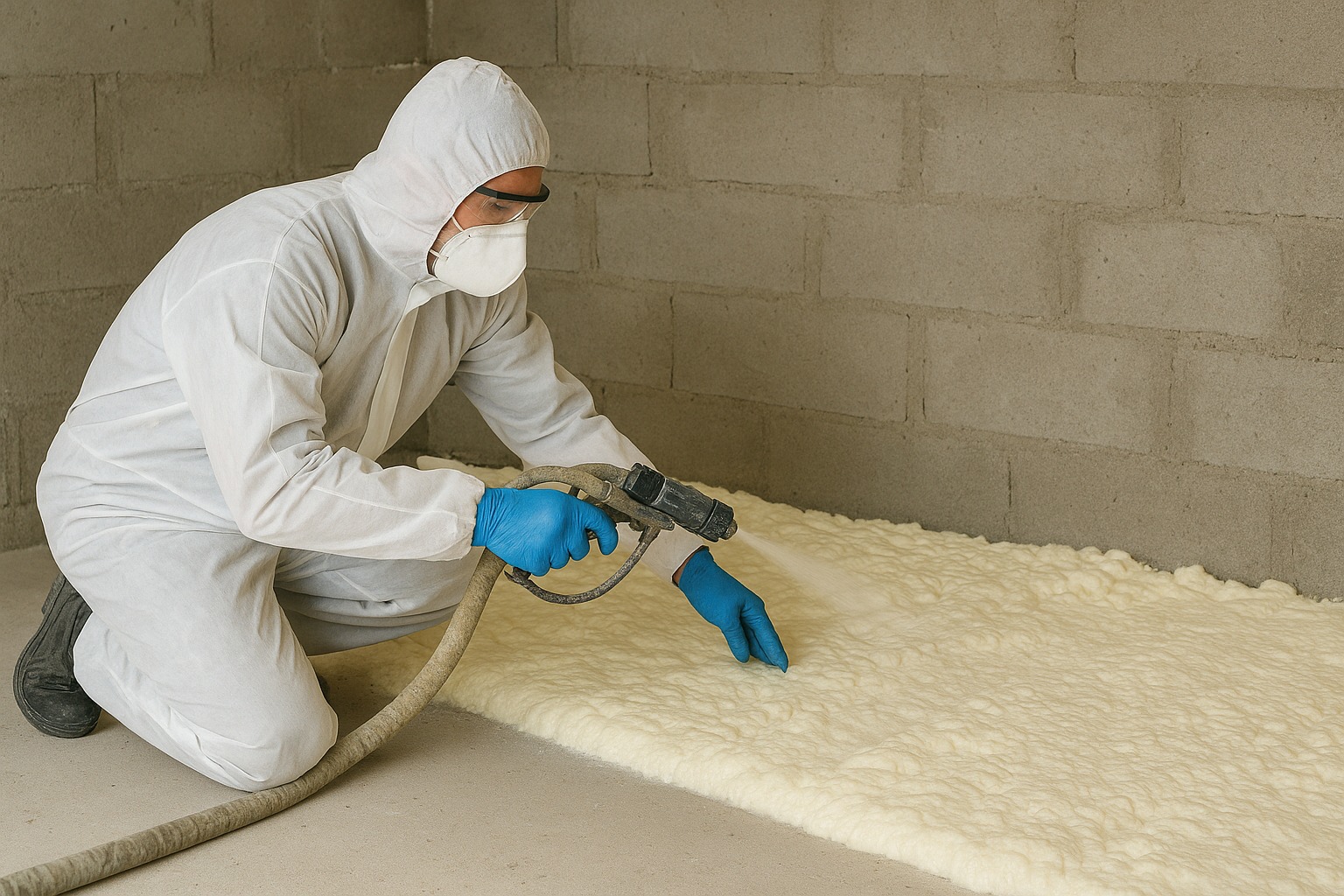 Pracownik w kombinezonie nanosi piankę PUR na ścianę z betonu komórkowego w Środzie Wielkopolskiej. Izolacja natryskowa, widoczny pistolet i węże.
