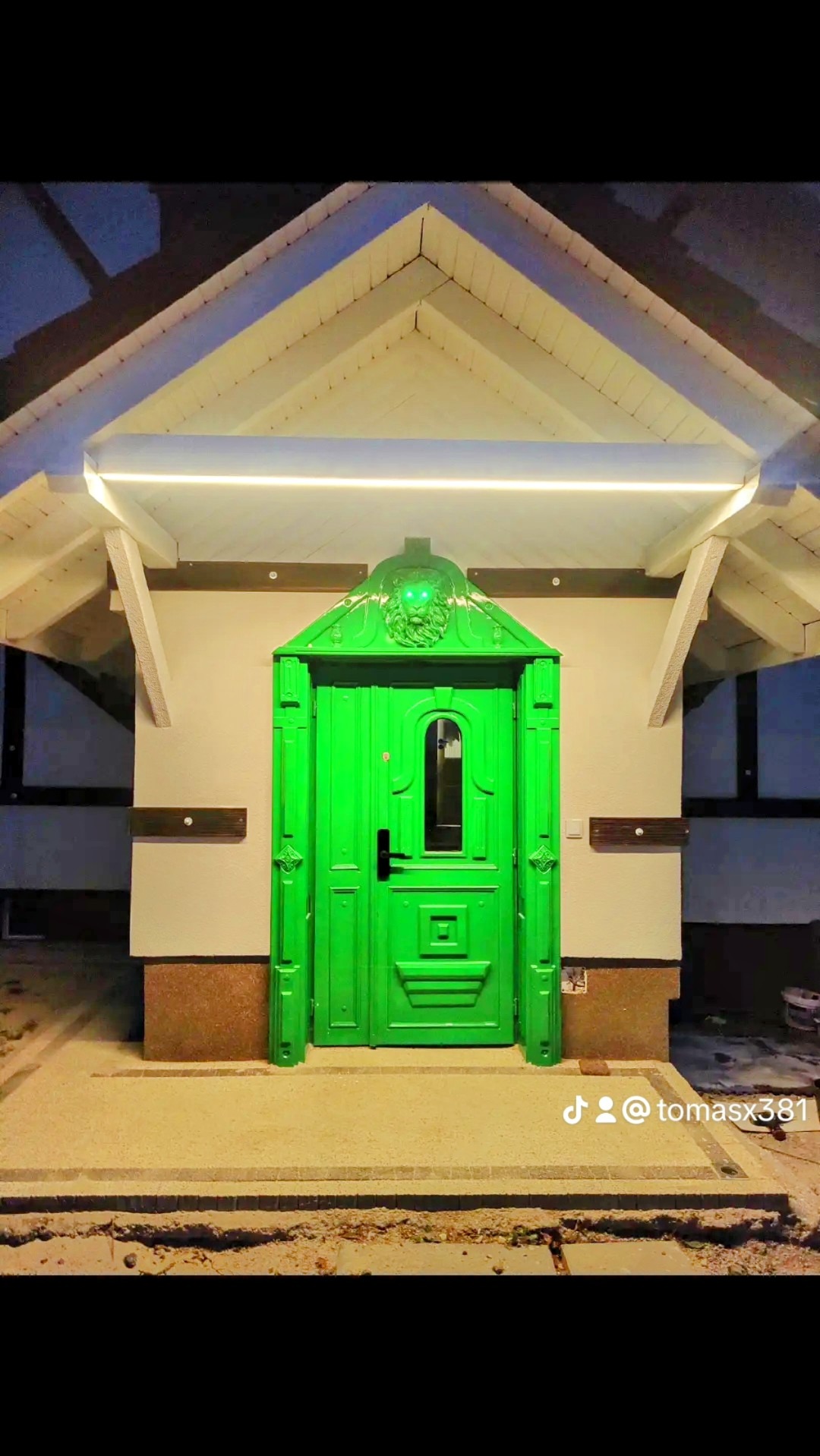 Jaskrawo zielone, ozdobne drzwi wejściowe z motywem lwa podświetlonym na zielono, zamontowane w budynku z białym dachem i zewnętrznym oświetleniem.