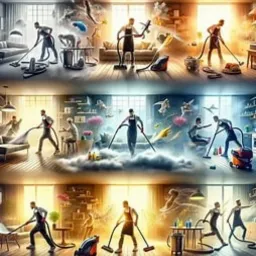 Ilustracja przedstawia abstrakcyjne sprzątanie wnętrza z użyciem odkurzacza. Scena podzielona na trzy części, każda w innym stylu, z elementami fantastycznymi.
