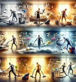 Ilustracja przedstawia abstrakcyjne sprzątanie wnętrza z użyciem odkurzacza. Scena podzielona na trzy części, każda w innym stylu, z elementami fantastycznymi.