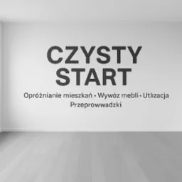 Puste, jasne wnętrze z napisem 'Czysty Start', oferujące opróżnianie mieszkań, wywóz mebli, utylizację i przeprowadzki. Minimalistyczny design, widoczne okno.