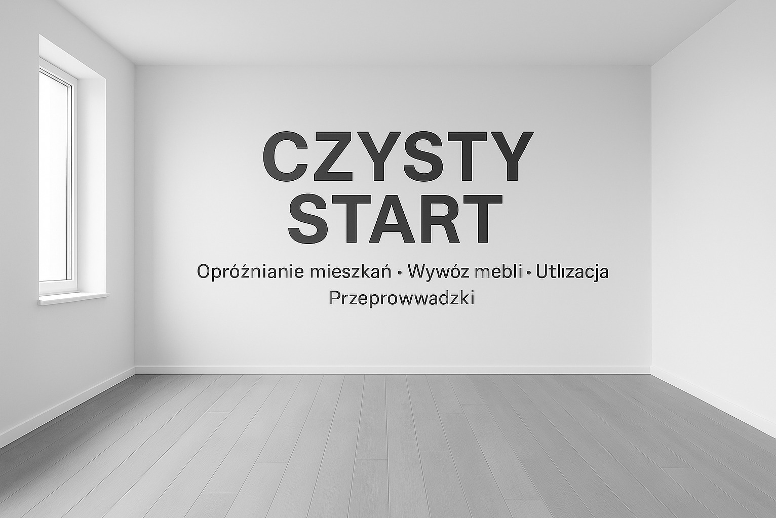 Puste, jasne wnętrze z napisem 'Czysty Start', oferujące opróżnianie mieszkań, wywóz mebli, utylizację i przeprowadzki. Minimalistyczny design, widoczne okno.
