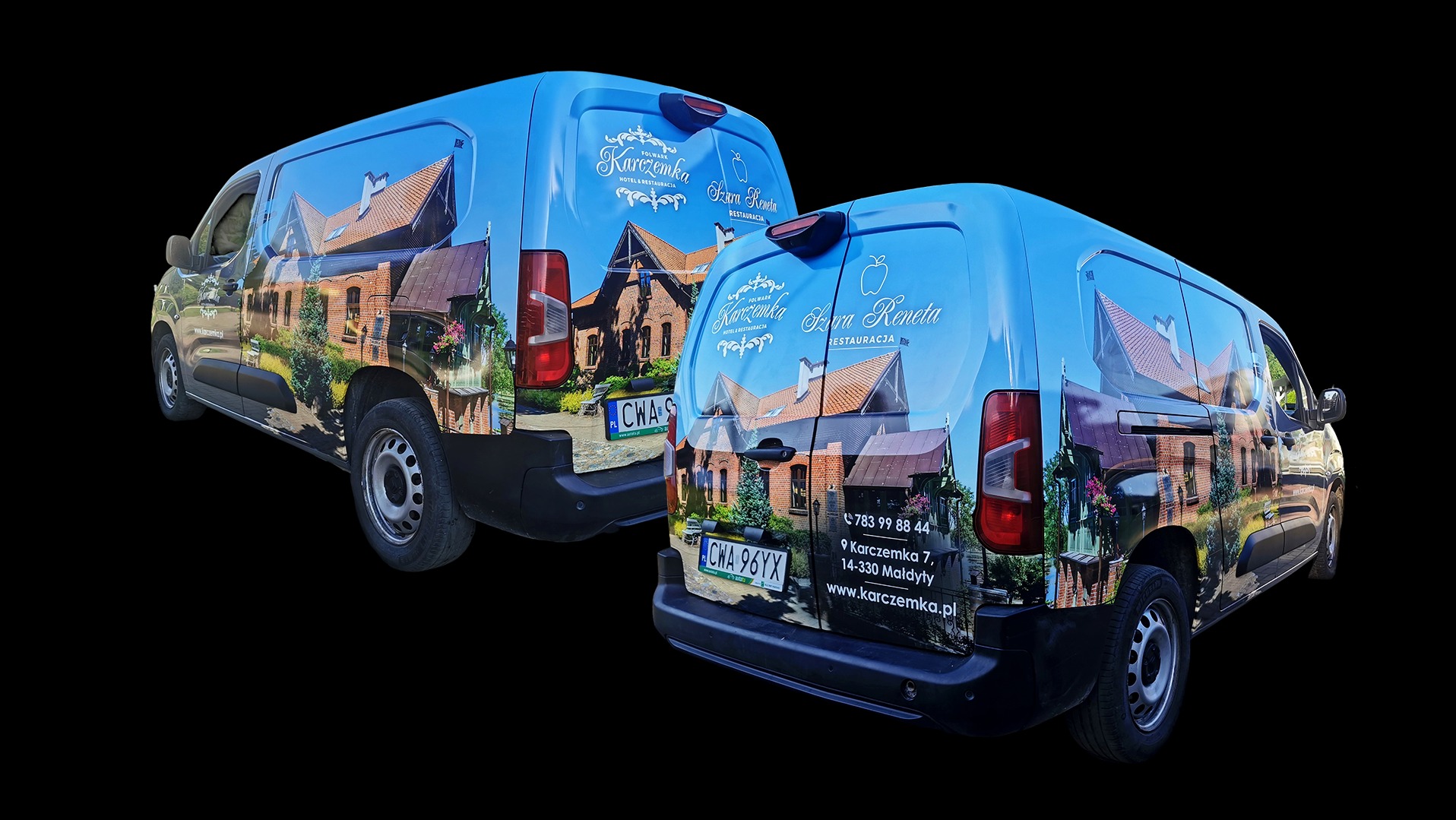 Dwa samochody dostawcze z oklejeniem reklamowym, prezentujące grafikę budynku i logo 'Karczemka Szura Reneta'. Widoczne numery rejestracyjne i dane kontaktowe.