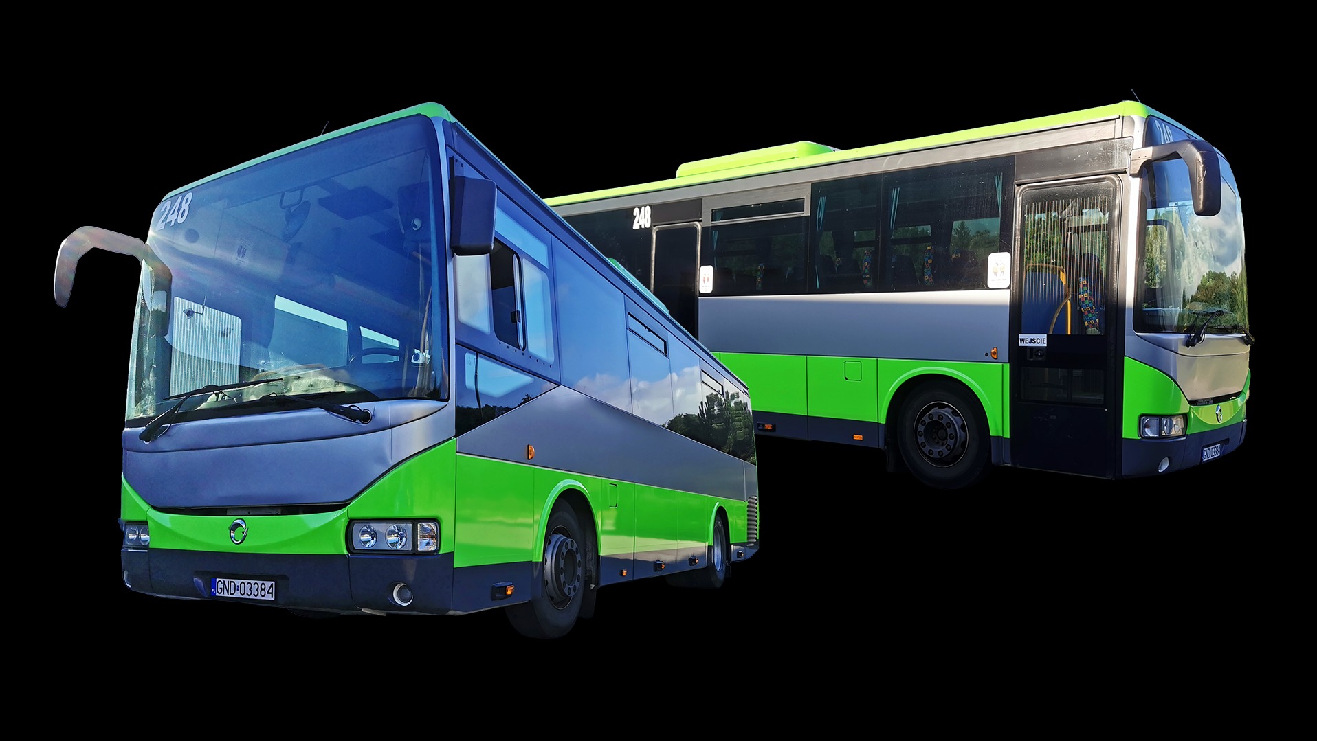 Dwa nowoczesne autobusy miejskie w barwach zieleni i szarości, z numerem bocznym '248', na czarnym tle. Widoczne detale karoserii i tablice rejestracyjne.