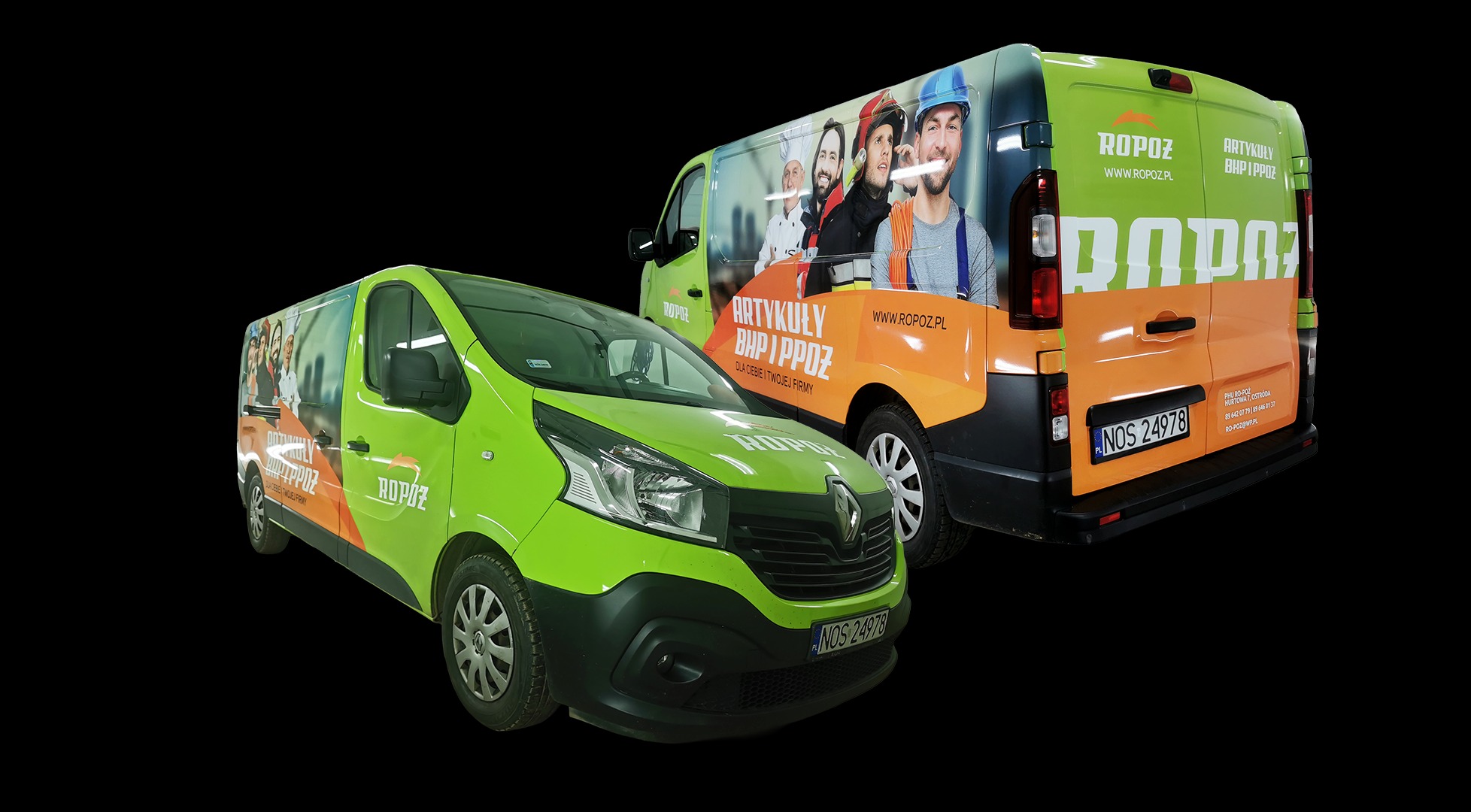 Dwa samochody dostawcze z grafiką firmy ROPOZ, prezentujące artykuły BHP i PPOŻ. Jeden w kolorze zielonym, drugi z grafiką osób w różnych zawodach. Widoczne numery rejestracyjne.