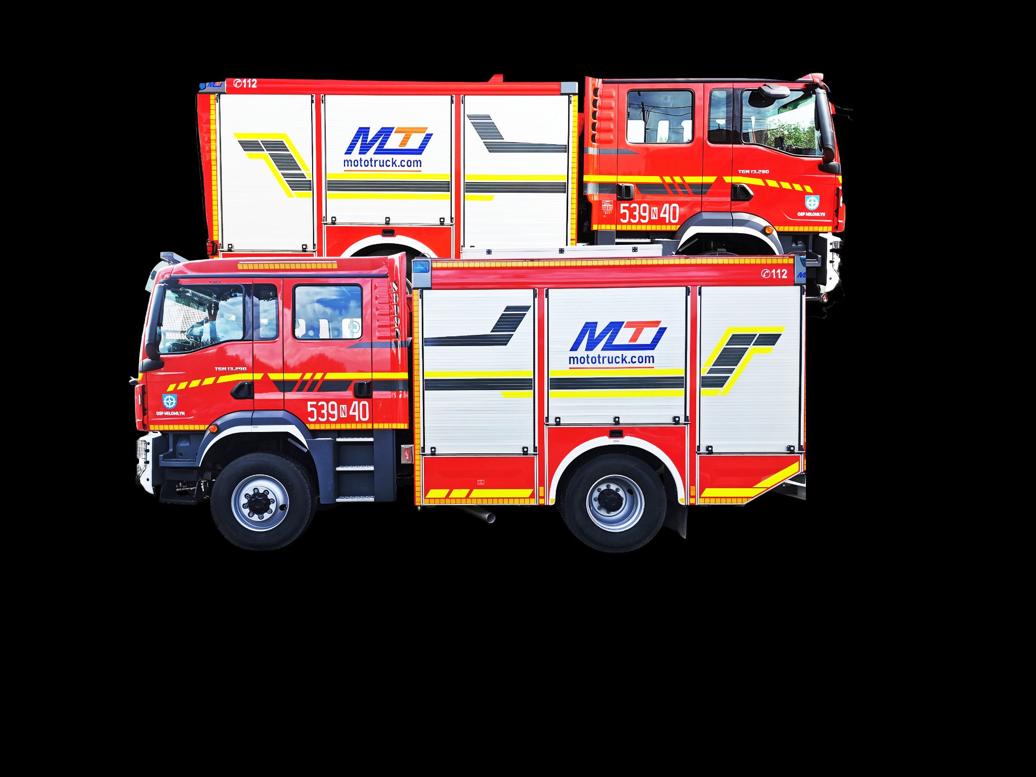 Dwa czerwono-białe wozy strażackie marki Mototruck, ustawione jeden na drugim, na czarnym tle. Widoczne logo firmy i numer 539 40.
