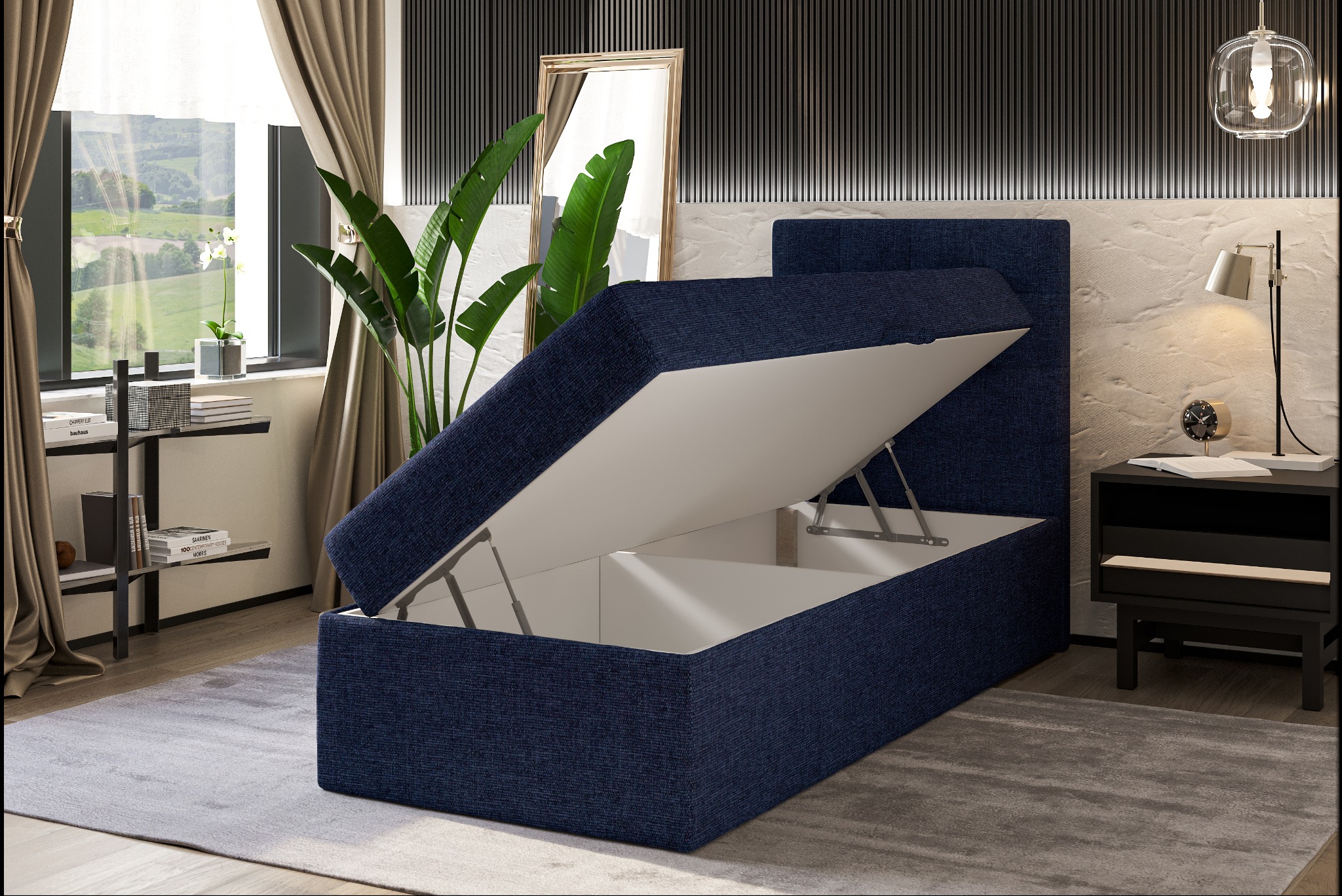 Tapicerowane łóżko z podnoszonym stelażem w granatowym odcieniu, ukazujące przestronny schowek. Nowoczesny design, eleganckie wykończenie, funkcjonalne rozwiązanie do sypialni.