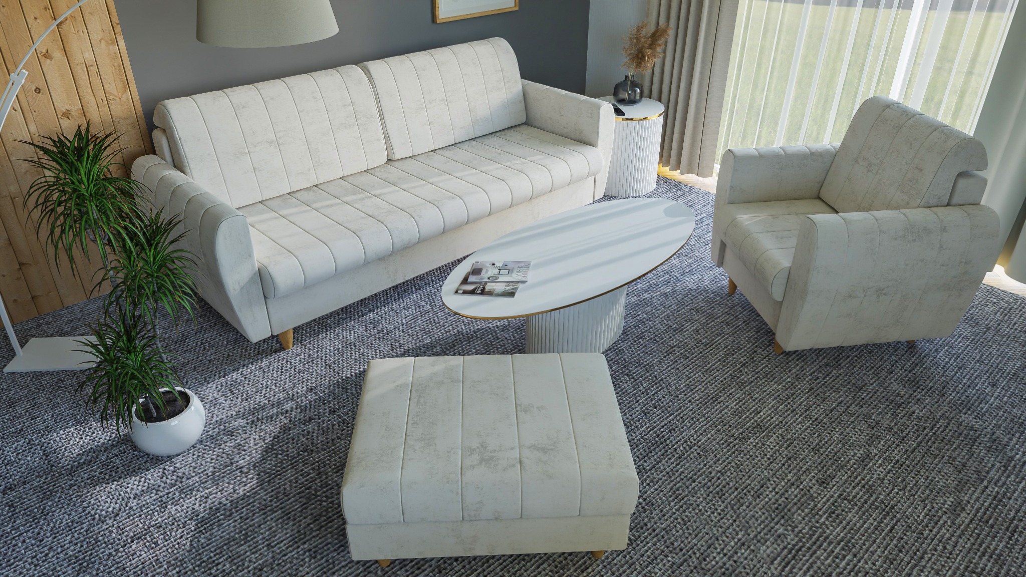 Komplet wypoczynkowy: kremowa sofa trzyosobowa, fotel i pufa na tle szarego dywanu. Na owalnym stoliku leżą magazyny. Całość w jasnym, nowoczesnym stylu.