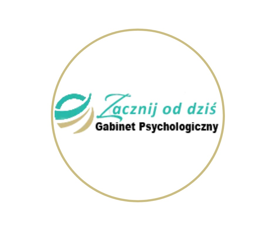 Logo gabinetu psychologicznego 'Zacznij od dziś' w okręgu, z motywem graficznym przypominającym fale w kolorach turkusowym i beżowym, na białym tle.