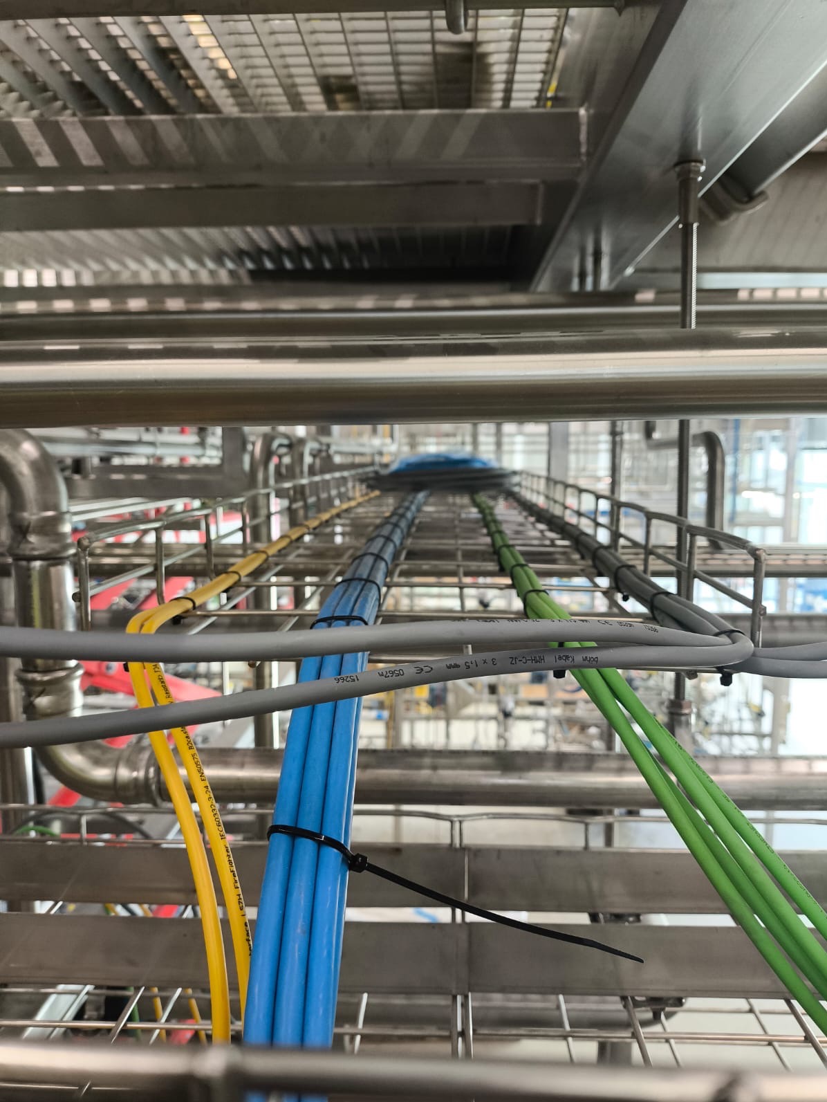 Kable w korytach kablowych, ułożone równolegle w różnych kolorach: żółtym, niebieskim, zielonym i szarym. Widok z dołu na instalację w hali przemysłowej.