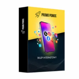 Pudełko z grafiką smartfona wyświetlającego ikony social mediów, logo Promo Pomoc i napis 'Sklep Internetowy'. Żółto-czarne tło z motywem rakiety.