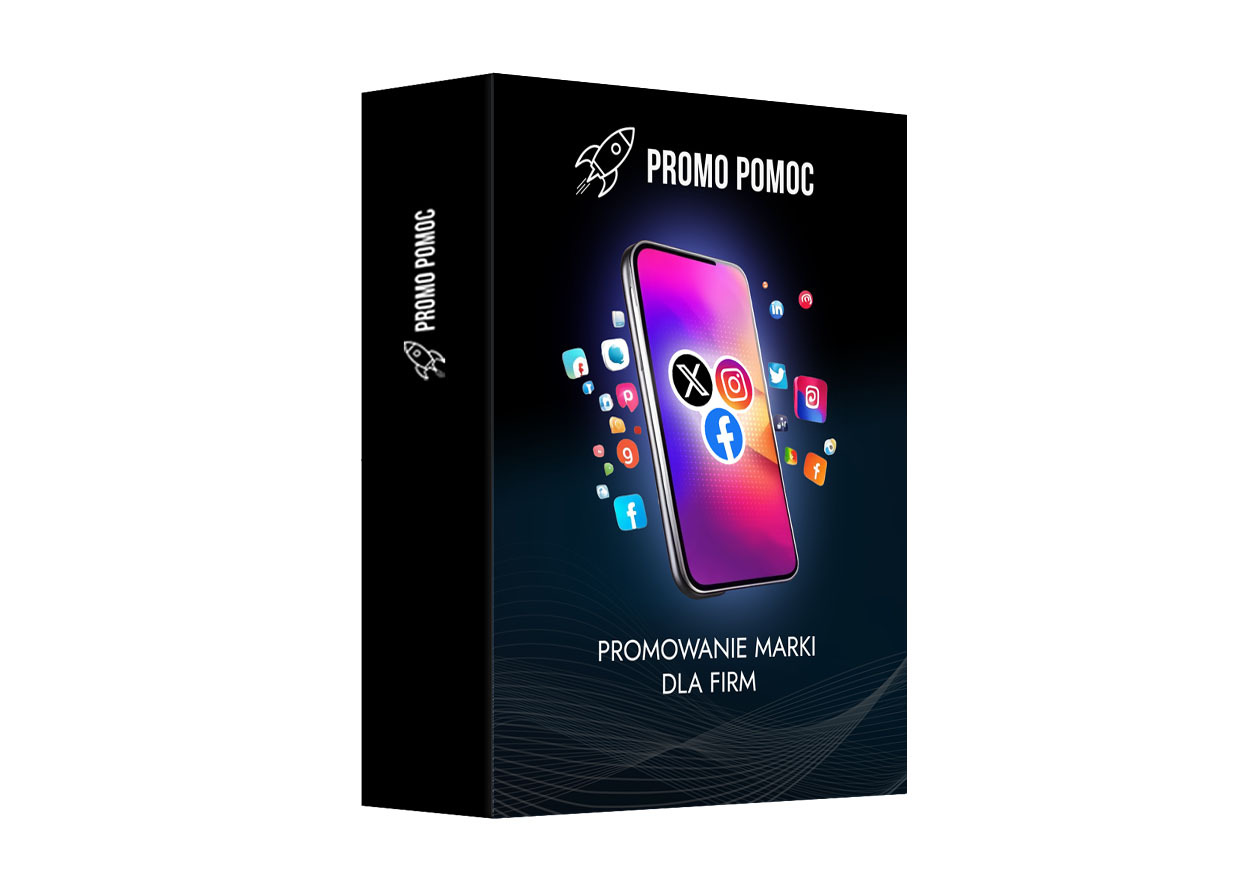 Pudełko z grafiką telefonu i ikonami social media, promowanie marki dla firm. Logo 'Promo Pomoc' z rakietą. Czarne tło z subtelnymi liniami. Prezentacja usług marketingowych.