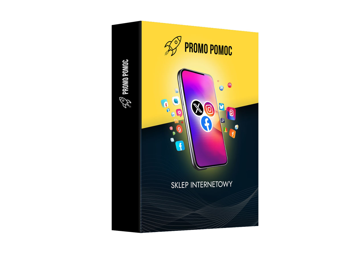 Pudełko z grafiką smartfona wyświetlającego ikony social mediów, logo Promo Pomoc i napis 'Sklep Internetowy'. Żółto-czarne tło z motywem rakiety.