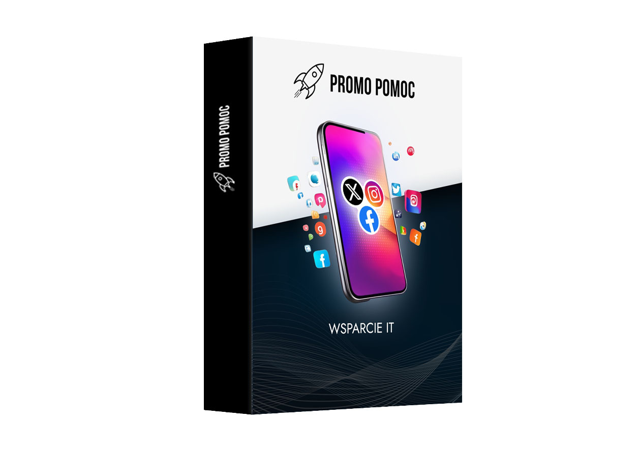 Pudełko z grafiką smartfona otoczonego ikonami mediów społecznościowych i napisem 'Promo Pomoc' oraz 'Wsparcie IT'.