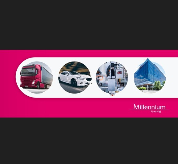 Baner reklamowy: ciężarówka, auto, maszyna i biurowiec w okręgach na różowym tle, logo Millennium Leasing. Oferta leasingu dla firm.