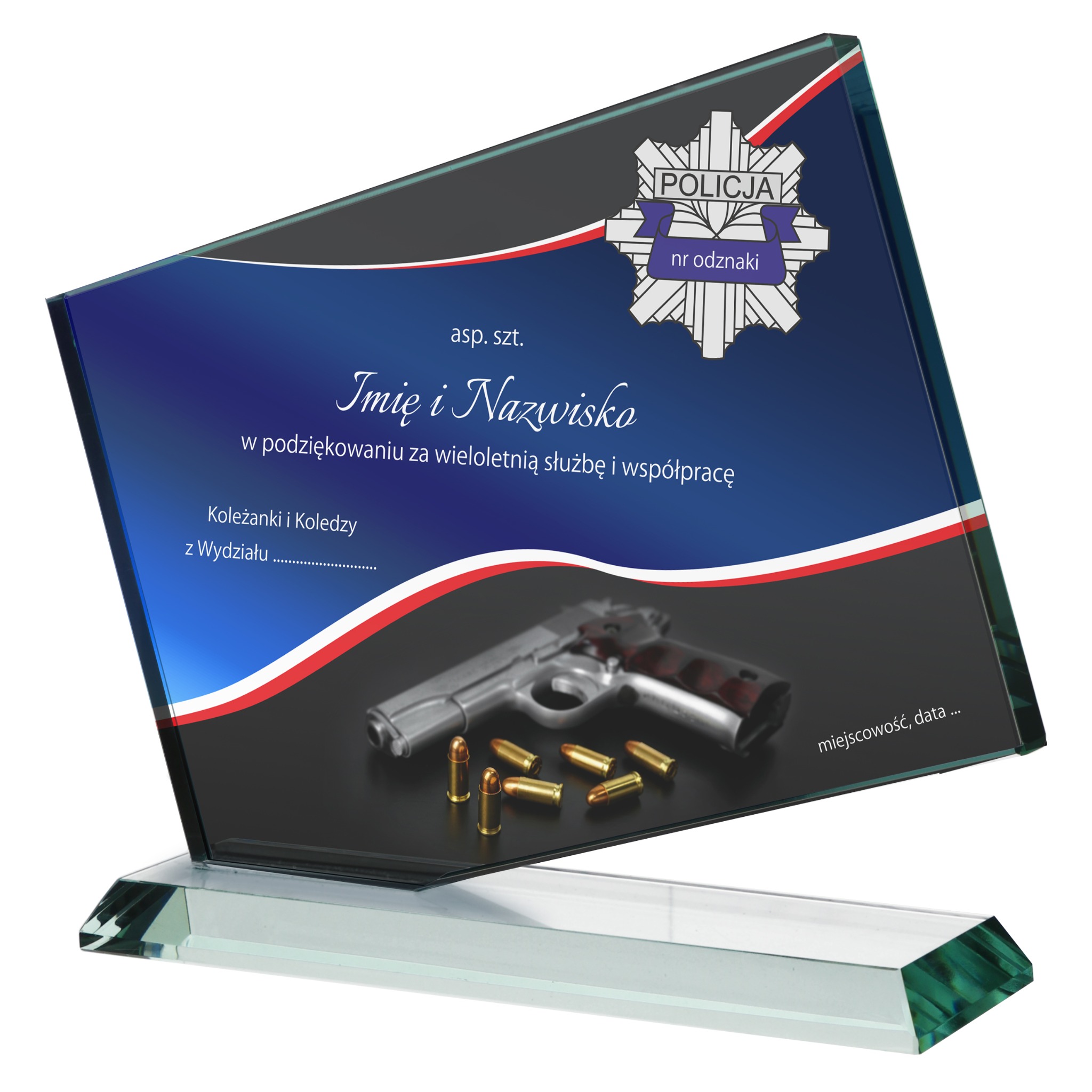Szklana statuetka z motywem policyjnym, dedykowana jako podziękowanie za służbę. Personalizowany nadruk z imieniem, nazwiskiem i odznaką. Elegancki prezent.