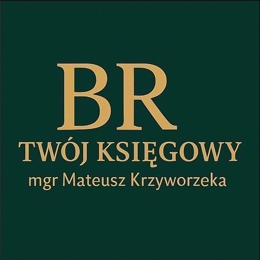 Eleganckie logo w kolorze złota na ciemnozielonym tle, z napisem 'BR Twój Księgowy mgr Mateusz Krzyworzeka'. Minimalistyczny design z wyraźnym fontem.