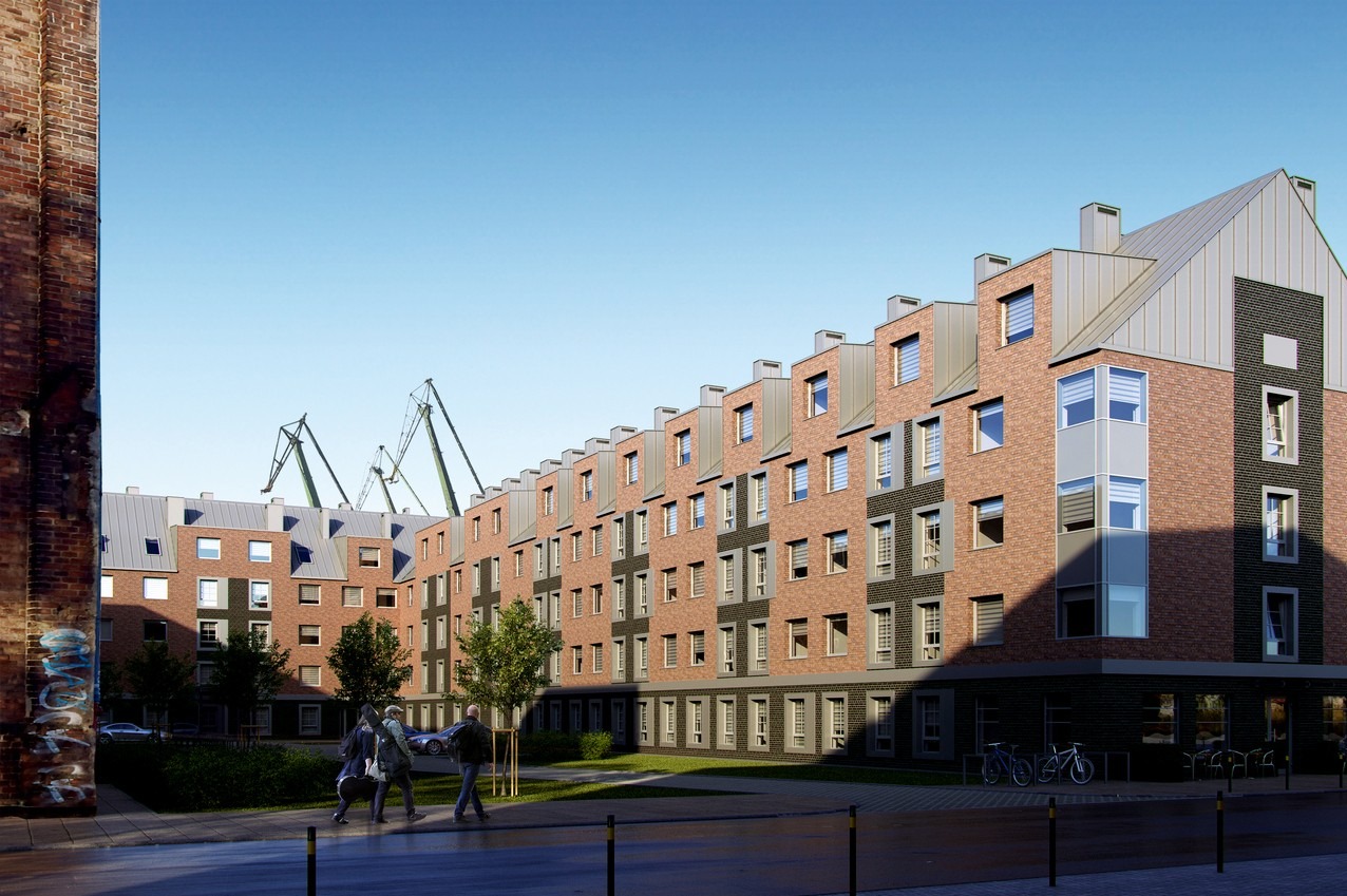 Wizualizacja budynku mieszkalnego z cegły z szarymi dachami i oknami, na tle błękitnego nieba i dźwigów portowych. Widoczni przechodnie i rowery.