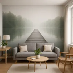 Salon z szarą sofą i fototapetą z motywem molo na jeziorze, tworzącą iluzję głębi. Minimalistyczny wystrój, naturalne światło z okna po prawej.