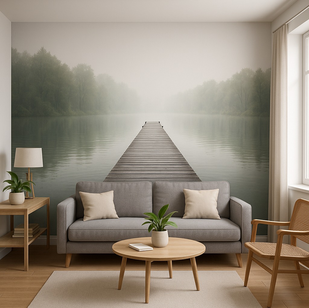 Salon z szarą sofą i fototapetą z motywem molo na jeziorze, tworzącą iluzję głębi. Minimalistyczny wystrój, naturalne światło z okna po prawej.