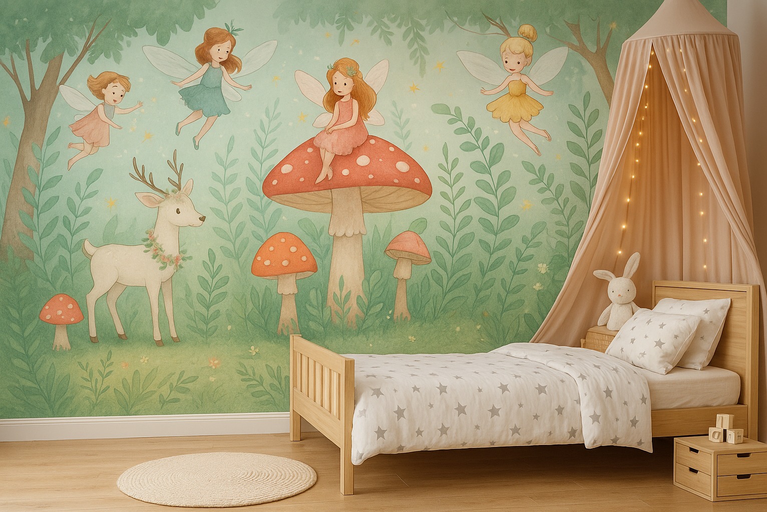 Pokój dziecięcy z fototapetą w leśnym stylu: wróżki, grzyby, jelonek. Drewniane łóżko z baldachimem i pluszowy królik. Pastelowa kolorystyka, przytulna atmosfera.