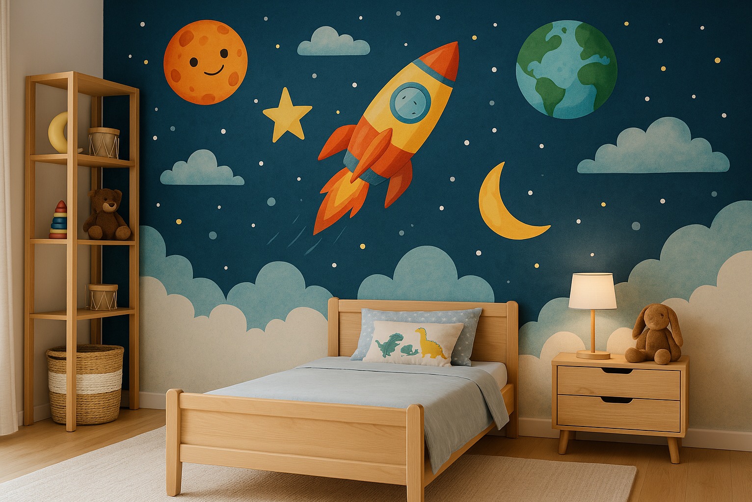 Pokój dziecięcy z łóżkiem i nocną szafką na tle ściany z motywem kosmosu: rakieta, księżyc, gwiazdy i chmury. Dekoracja w stylu dziecięcym.