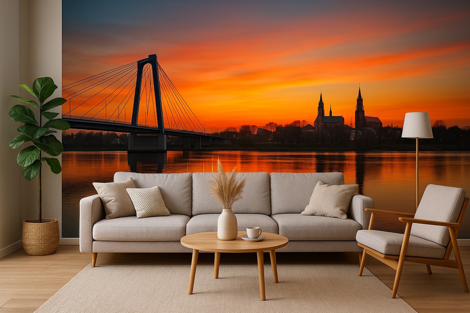 Fototapeta z mostem i katedrą w salonie. Beżowa sofa, drewniany stolik kawowy i fotel. Pomarańczowy zachód słońca odbija się w wodzie. Nowoczesny design.