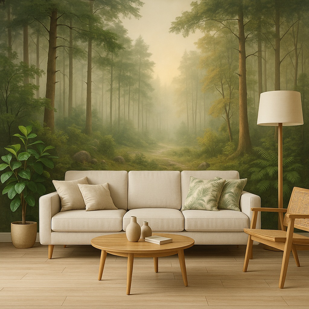 Salon z fototapetą leśną. Beżowa sofa z poduszkami, drewniany stolik i fotel tworzą przytulną przestrzeń na tle mglistego lasu.