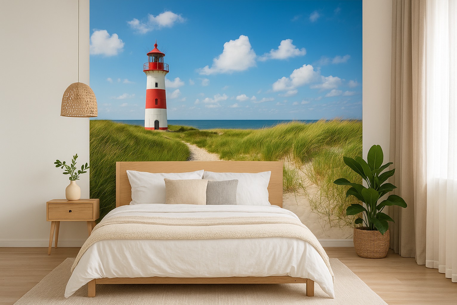 Fototapeta z motywem latarni morskiej nad łóżkiem w sypialni, wykonana przez firmę z Poznania. Realistyczny druk na ścianie, imitujący widok z okna.