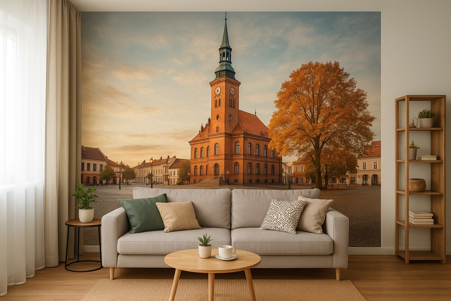 Fototapeta w salonie: budynek z wieżą zegarową i drzewo w jesiennej scenerii. Realistyczny druk na ścianie, aranżacja wnętrza z sofą i elementami dekoracyjnymi.