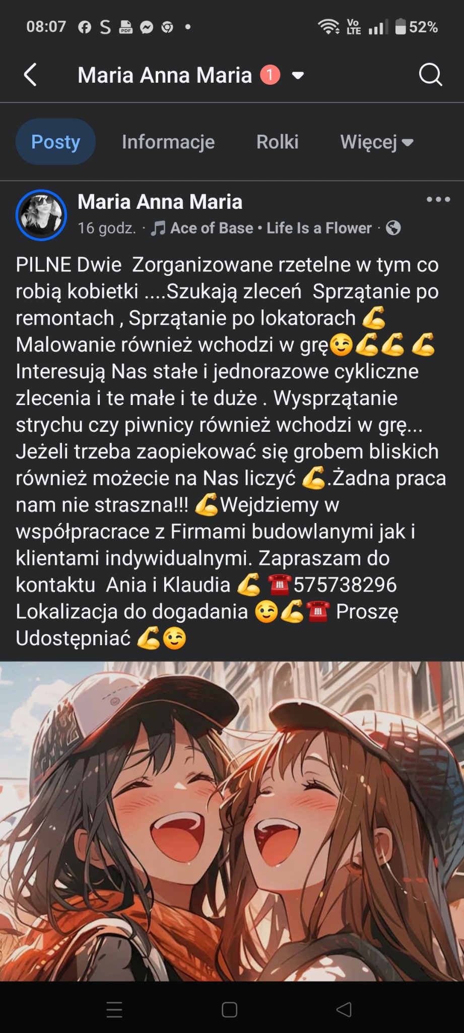 Zrzut ekranu z Facebooka, post firmy oferującej sprzątanie, z ilustracją anime dwóch uśmiechniętych dziewczyn. Tekst ogłoszenia o sprzątaniu po remontach i opiece nad grobami.