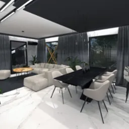 Nowoczesne wnętrze w odcieniach szarości i beżu: marmurowa podłoga, sofa modułowa, czarny stół jadalny z krzesłami i designerskie oświetlenie.