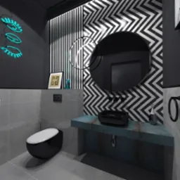 Nowoczesna łazienka w odcieniach szarości i czerni, z geometrycznymi wzorami na ścianie, okrągłym lustrem i neonowym akcentem w kształcie oka.