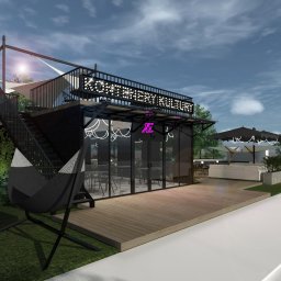 Jakubek Architekci - Wizualizacja kawiarni z neonowym napisem 'KOFFE HERTALEN', schodami na taras i hamakiem. Nowoczesny design z elementami zieleni.